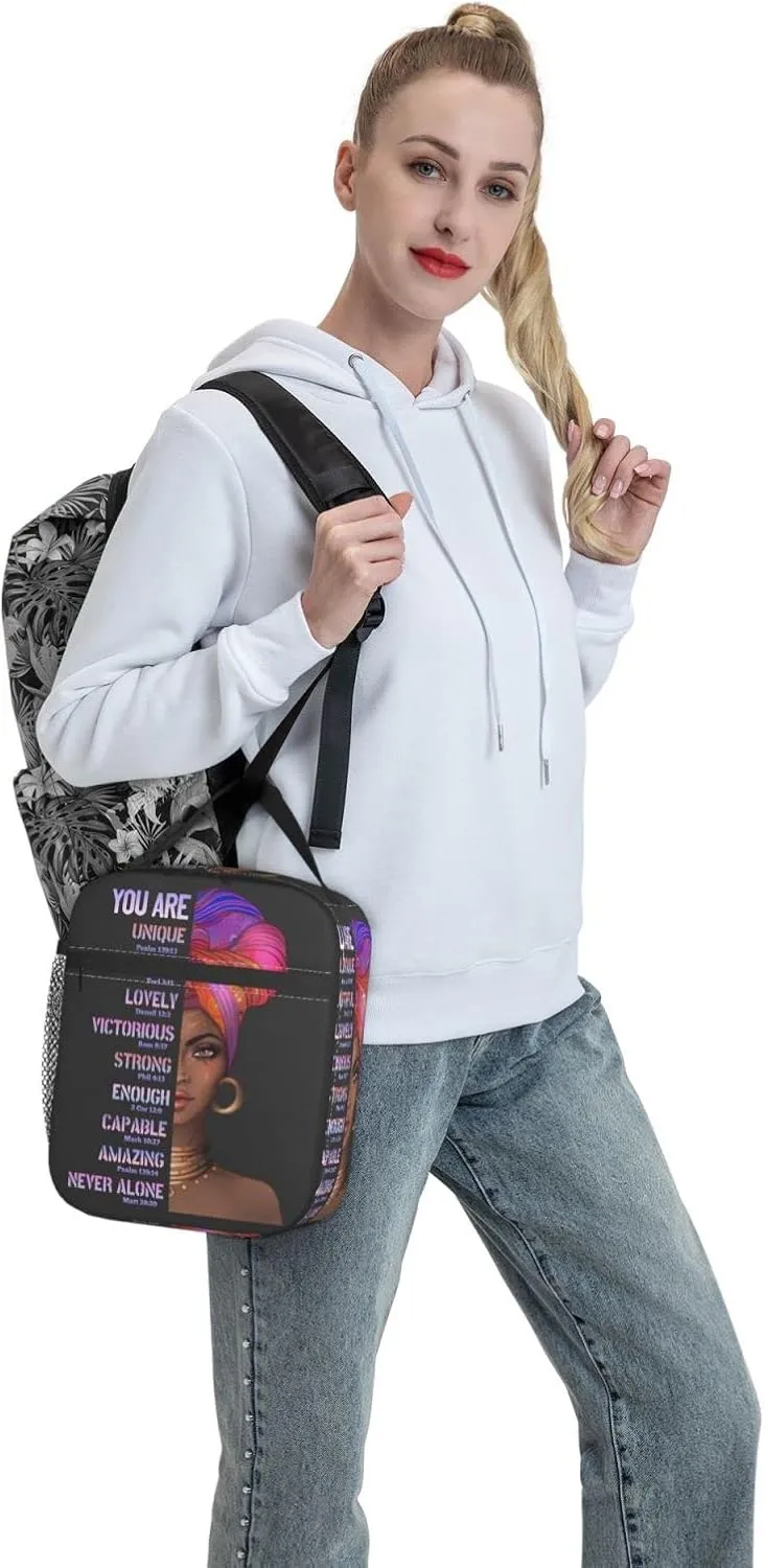 African American Woman Lunch Bag Afro Black Queen Heat Insulated Lunch Box Leakproof Durable Portable Reusable Handbags Large Capacity Thermal Cooler Tote Bag… (One Size, Black)