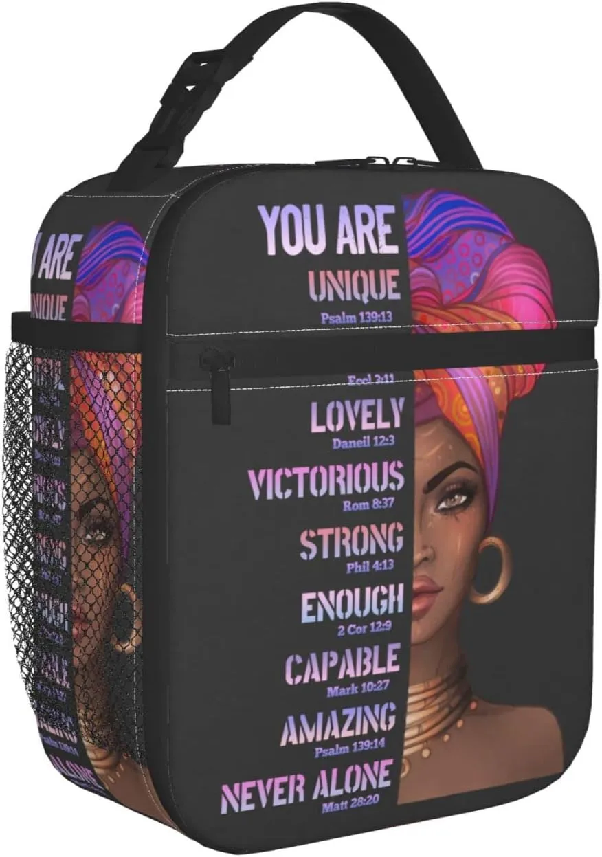 African American Woman Lunch Bag Afro Black Queen Heat Insulated Lunch Box Leakproof Durable Portable Reusable Handbags Large Capacity Thermal Cooler Tote Bag… (One Size, Black)