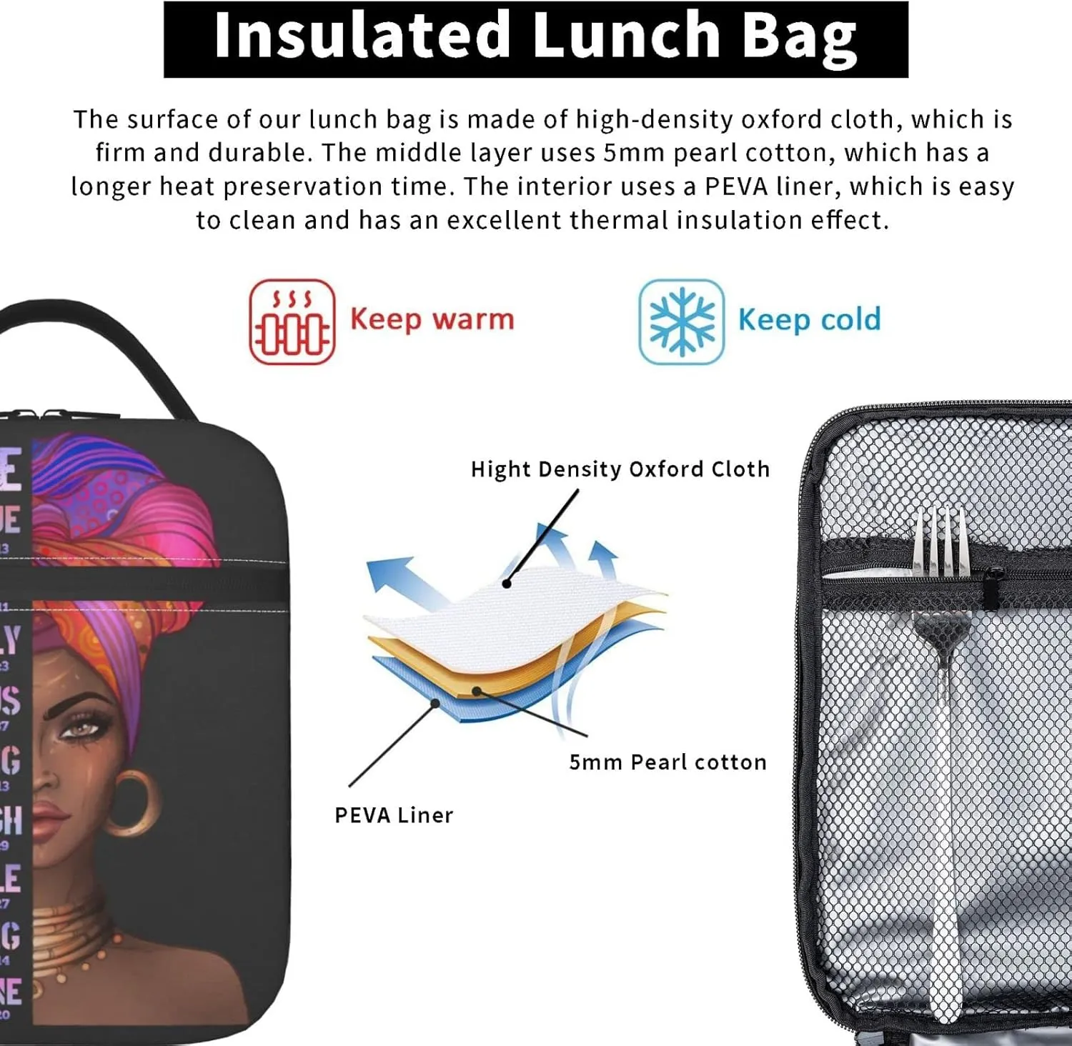 African American Woman Lunch Bag Afro Black Queen Heat Insulated Lunch Box Leakproof Durable Portable Reusable Handbags Large Capacity Thermal Cooler Tote Bag… (One Size, Black)
