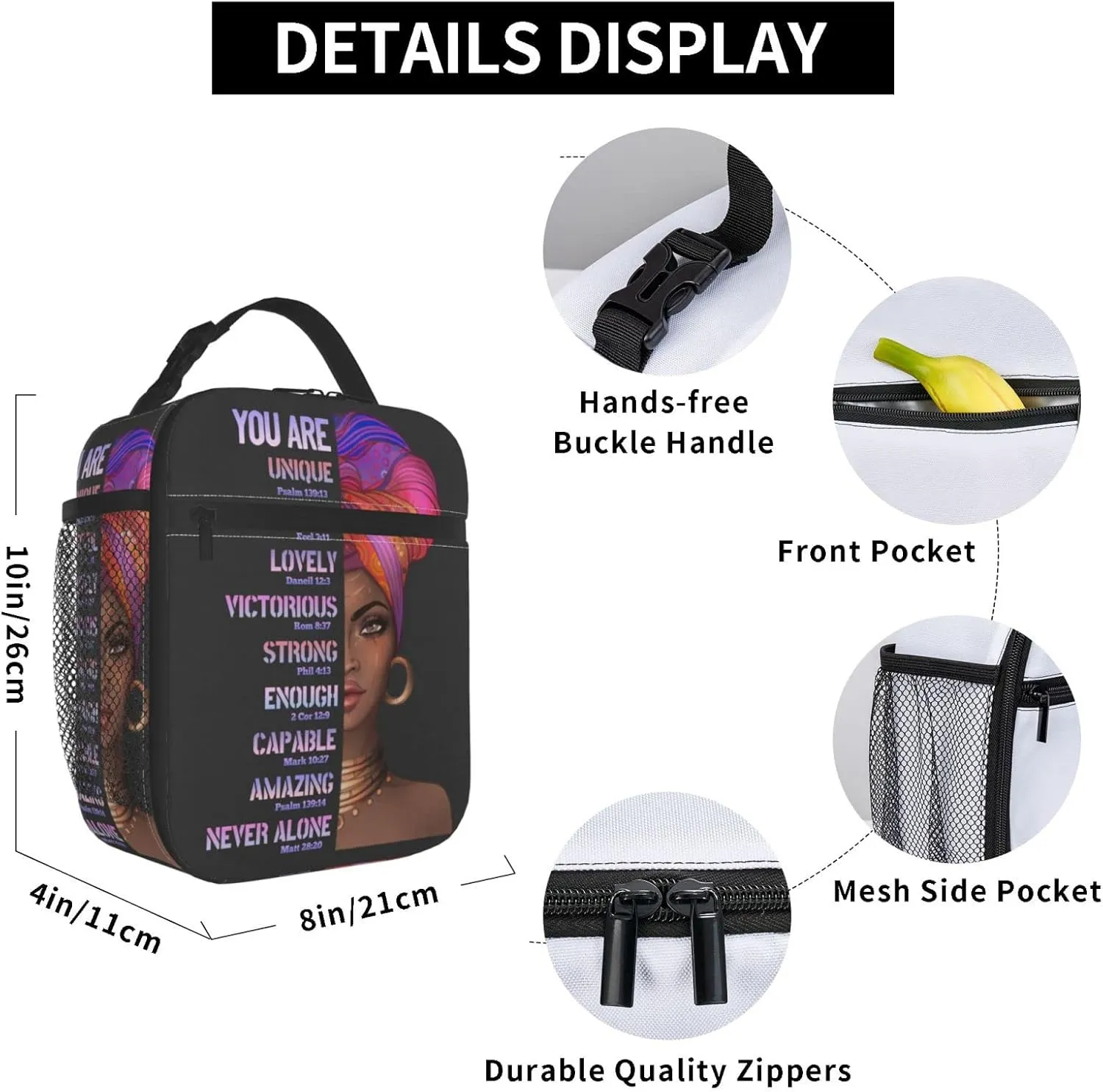 African American Woman Lunch Bag Afro Black Queen Heat Insulated Lunch Box Leakproof Durable Portable Reusable Handbags Large Capacity Thermal Cooler Tote Bag… (One Size, Black)