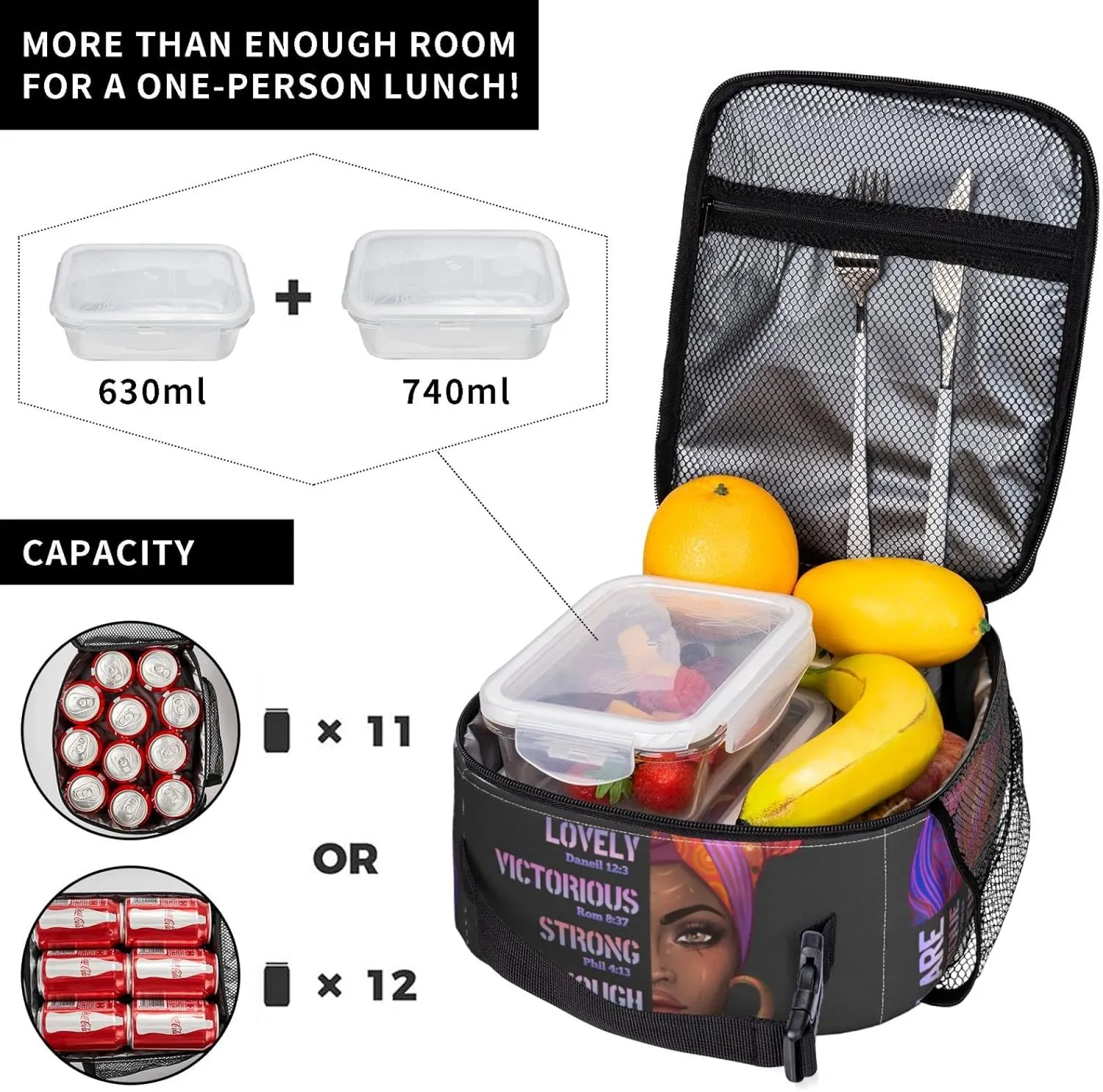 African American Woman Lunch Bag Afro Black Queen Heat Insulated Lunch Box Leakproof Durable Portable Reusable Handbags Large Capacity Thermal Cooler Tote Bag… (One Size, Black)