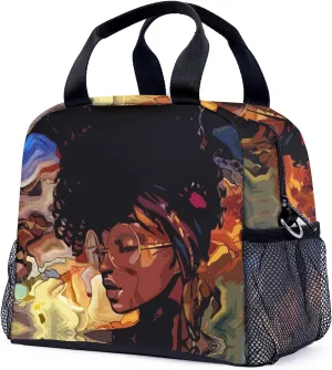 African Art Lunch Bag Black Girl Insulated Lunch Box Cooler Lunch Pail for Woman Work College Picnic Hiking