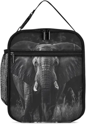 African Elephant Black and White Insulated Lunch Bag Leakproof Insulated Cooler Bag with Handbags Side Pocket for Adults