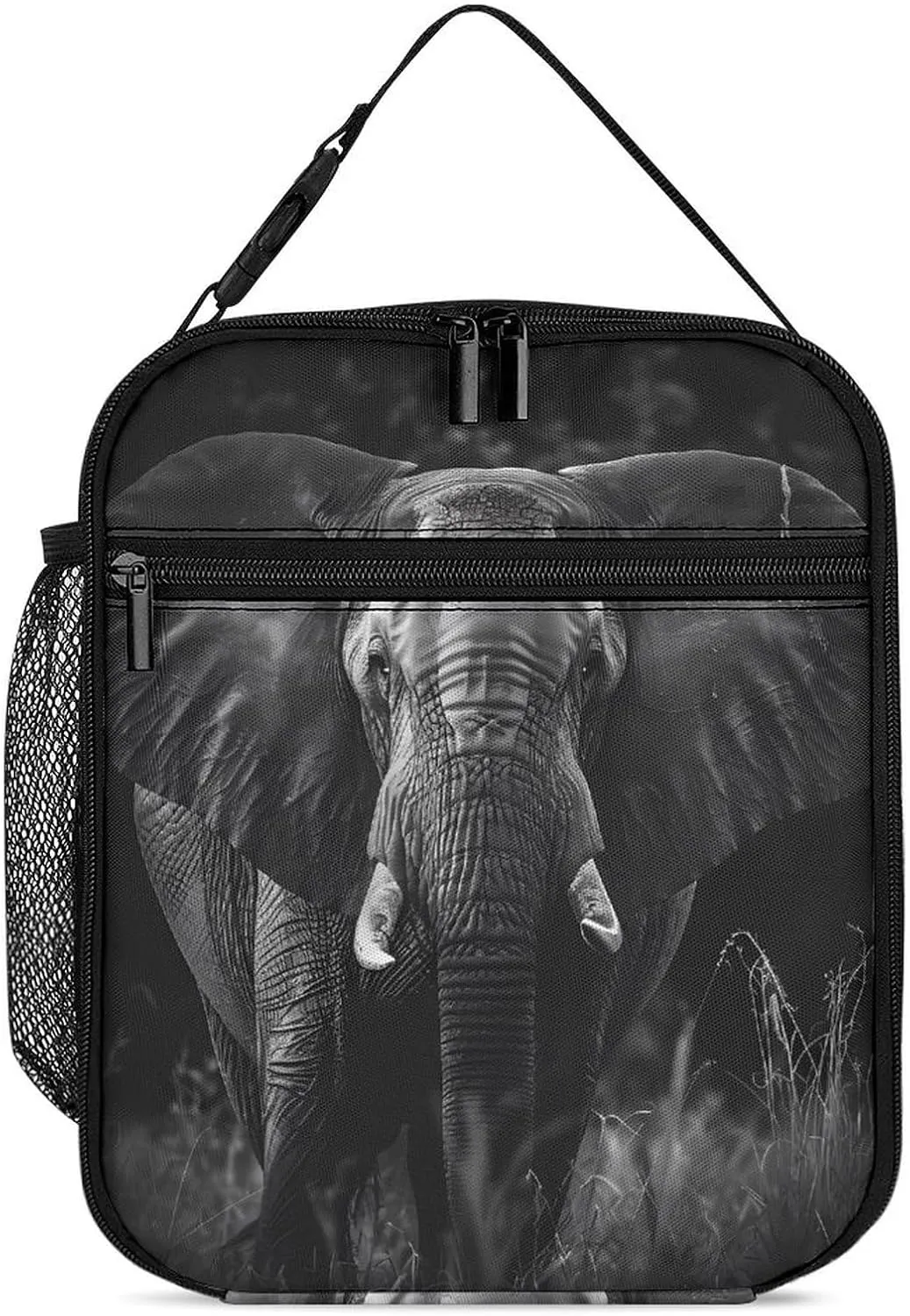 African Elephant Black and White Insulated Lunch Bag Leakproof Insulated Cooler Bag with Handbags Side Pocket for Adults