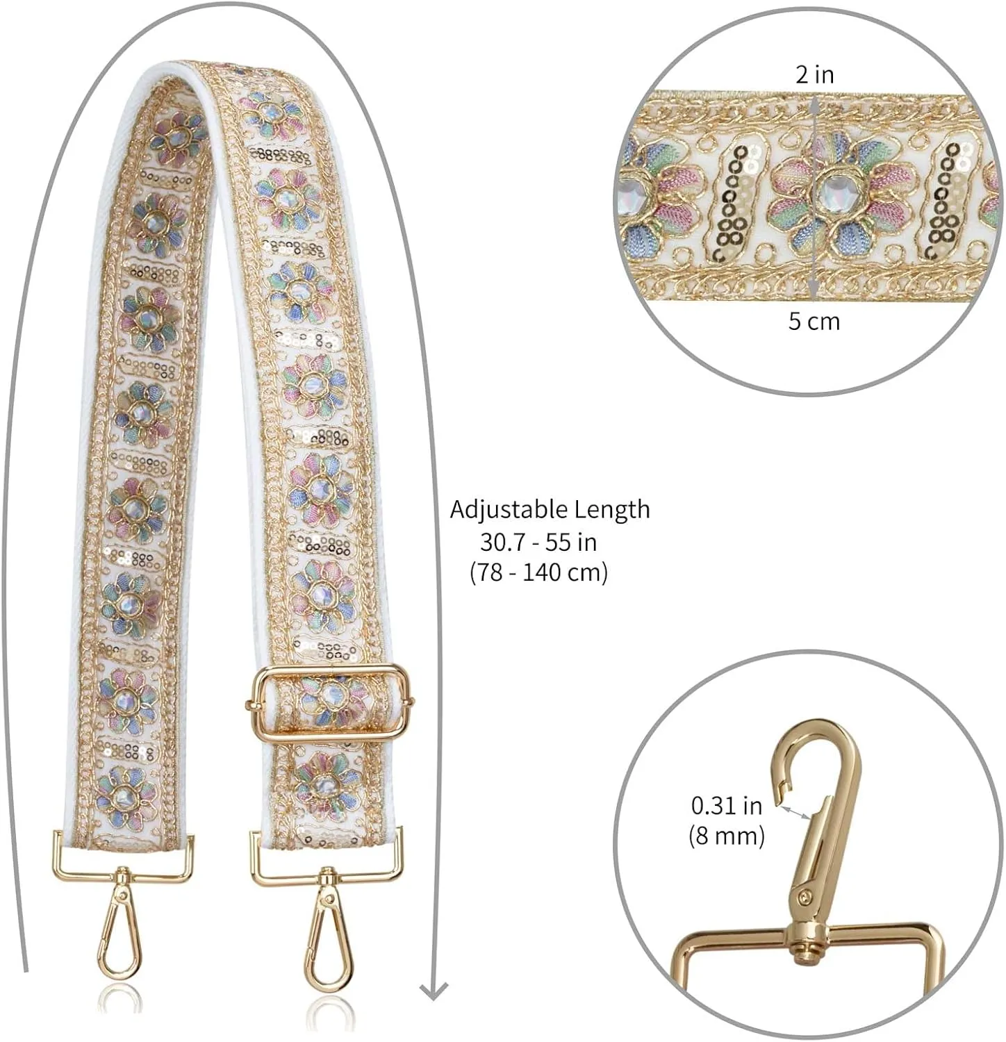 ALLZEDREAM Purse Strap Crossbody Replacement Handbag Shoulder Bag 2" Wide Adjustable Embroidered Lace Sequins