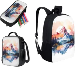 Alps Mountian Art Painting Backpack for Boys with Lunch Box Set Alps Watercolor Painting Elementary Kids Bookbag with Lunch Bag/Rucksack Primary School Kids Pencil Box