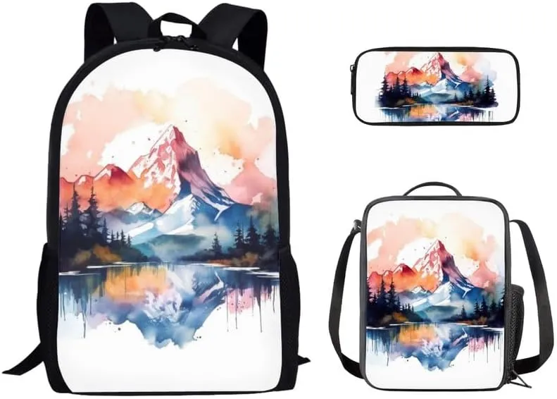 Alps Mountian Art Painting Backpack for Boys with Lunch Box Set Alps Watercolor Painting Elementary Kids Bookbag with Lunch Bag/Rucksack Primary School Kids Pencil Box