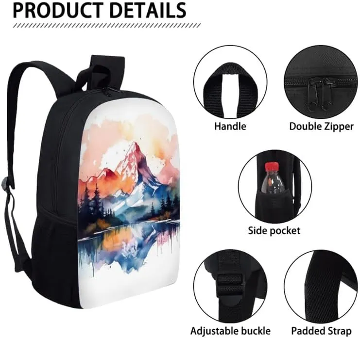 Alps Mountian Art Painting Backpack for Boys with Lunch Box Set Alps Watercolor Painting Elementary Kids Bookbag with Lunch Bag/Rucksack Primary School Kids Pencil Box