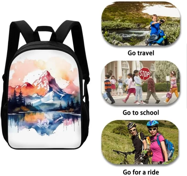 Alps Mountian Art Painting Backpack for Boys with Lunch Box Set Alps Watercolor Painting Elementary Kids Bookbag with Lunch Bag/Rucksack Primary School Kids Pencil Box