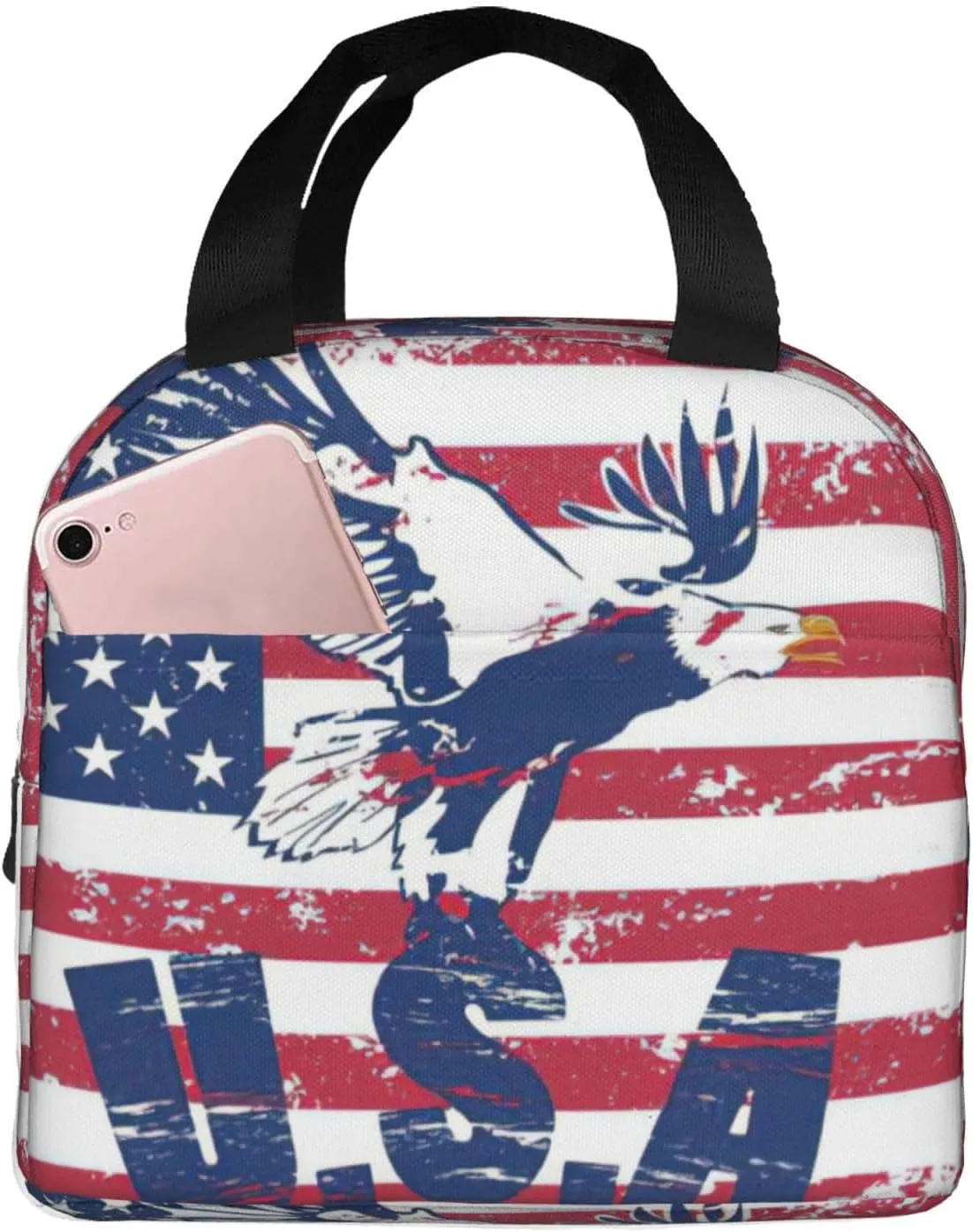 American National Flag with Eagle print Lunch Bag, Food Handbags Case, Leakproof Insulated, for Work/Picnic/Beach/Travel
