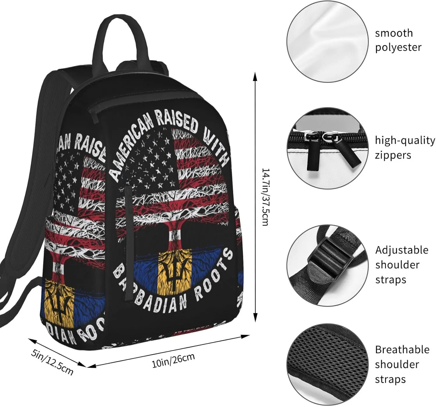 American Raised with Barbadian Roots Travel Backpacks Casual Laptop Backpack Sport Rucksack Large Capacity Daypack Multi-Pockets Adjustable Strap Bag for Working Hiking