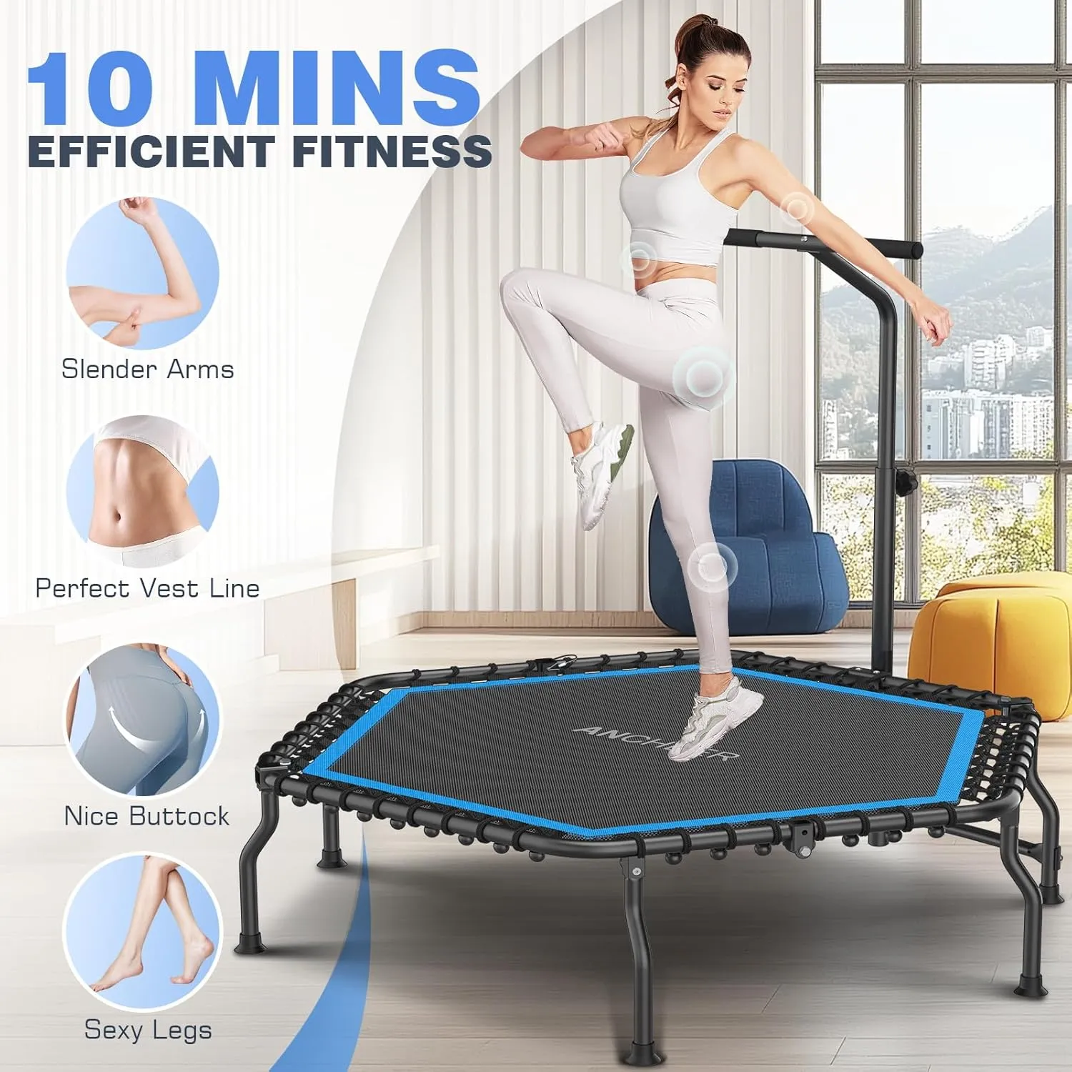 ANCHEER 50" Rebounder Trampoline for Adults- 2025 Foldable Mini Trampoline with Bar- Exercise Trampoline for Adults, Max Load 450lbs/550lbs, for Indoor/Garden Workout