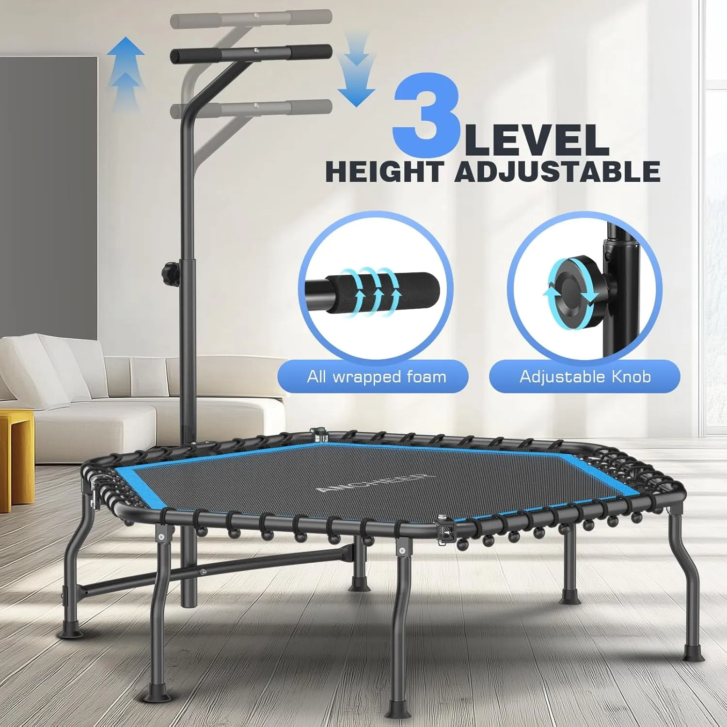 ANCHEER 50" Rebounder Trampoline for Adults- 2025 Foldable Mini Trampoline with Bar- Exercise Trampoline for Adults, Max Load 450lbs/550lbs, for Indoor/Garden Workout