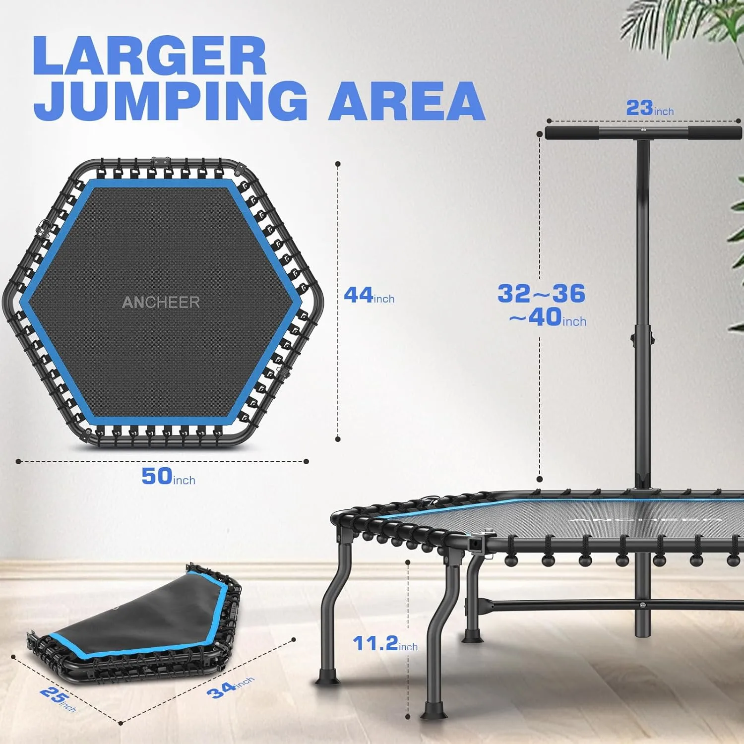 ANCHEER 50" Rebounder Trampoline for Adults- 2025 Foldable Mini Trampoline with Bar- Exercise Trampoline for Adults, Max Load 450lbs/550lbs, for Indoor/Garden Workout