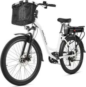 ANCHEER Electric Bike for Adults, 48V 499Wh Ebike, 26" City Commuter Bike with 48V Removable Battery, Up to 55 Miles, 3H Fast Charge, 7-Speed, Step-Thru Cruiser Bike for Women Men, with Basket