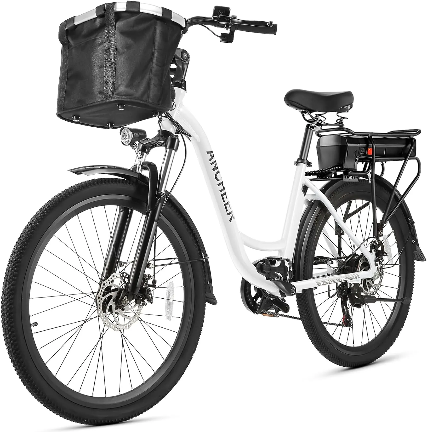 ANCHEER Electric Bike for Adults, 48V 499Wh Ebike, 26" City Commuter Bike with 48V Removable Battery, Up to 55 Miles, 3H Fast Charge, 7-Speed, Step-Thru Cruiser Bike for Women Men, with Basket