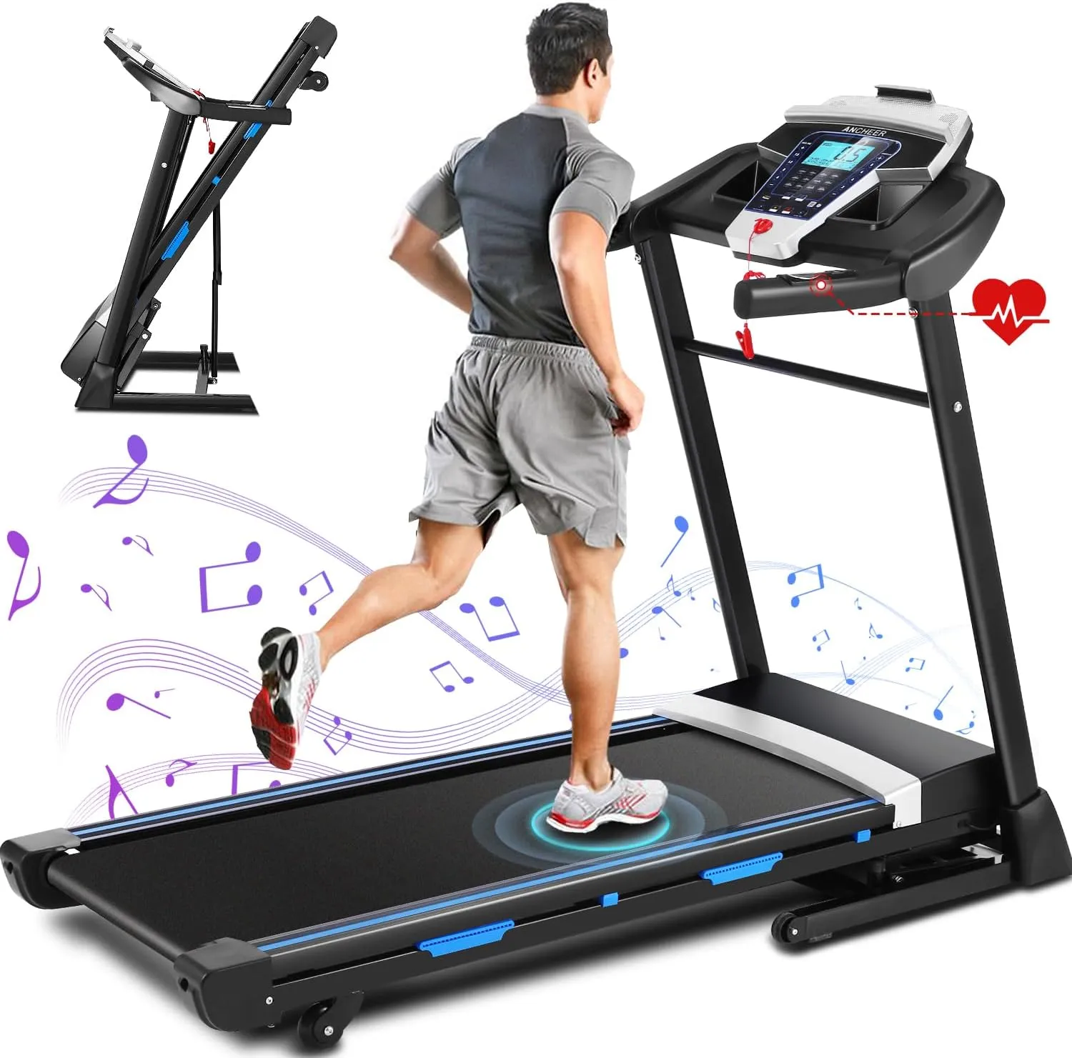 ANCHEER Treadmill With Auto Incline, 300LB Capacity Folding for Home Use - APP & Bluetooth, Built-in Audio, 3.25 HP, Compact for Home Gym