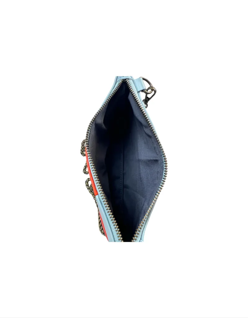 Anouk Checkered Leather Crossbody Clutch in Aqua Sky/Orange Spritz