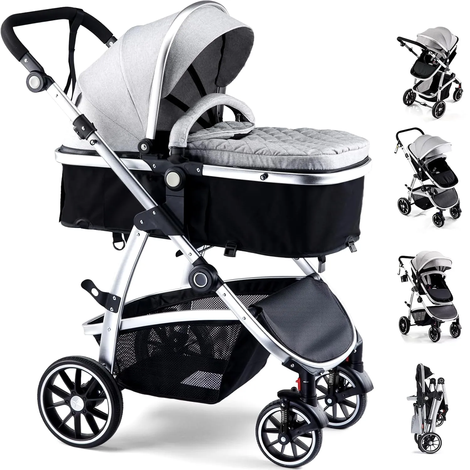 Baby Stroller, 2-in-1 Reversible Toddler Seat with Basket Mode, Foldable Infant Stroller with Canopy, One Button Brake, Adjustable Handle, Newborn Pushchair (Gray)