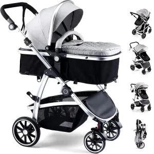 Baby Stroller, 2-in-1 Reversible Toddler Seat with Basket Mode, Foldable Infant Stroller with Canopy, One Button Brake, Adjustable Handle, Newborn Pushchair (Gray)