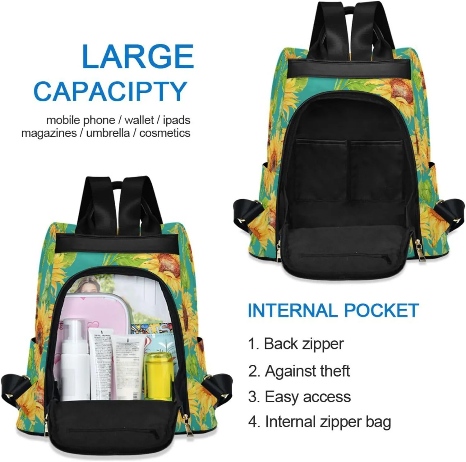 Backpack Purse for Women Anti Theft Fashion Daypack Polyester Travel Bag Crossbody Shoulder Bag Sunflower 13.4 X 5.9 X 15in Pattern 4