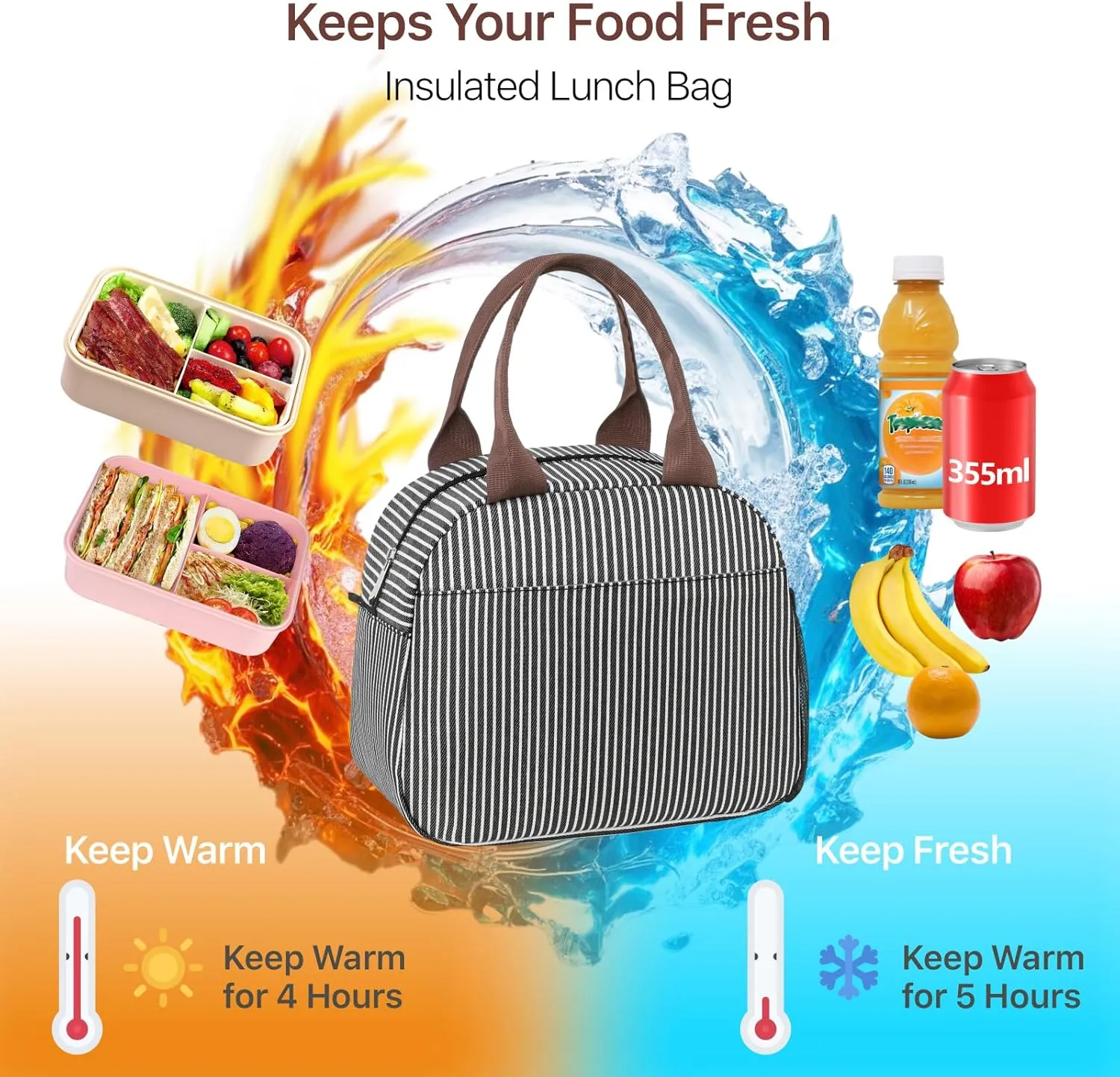 Bagseri Insulated Lunch Box Women - Leakproof Thermal Cooler Sack Food Handbags Case High Capacity for Work and Picnic (Black White Stripe)