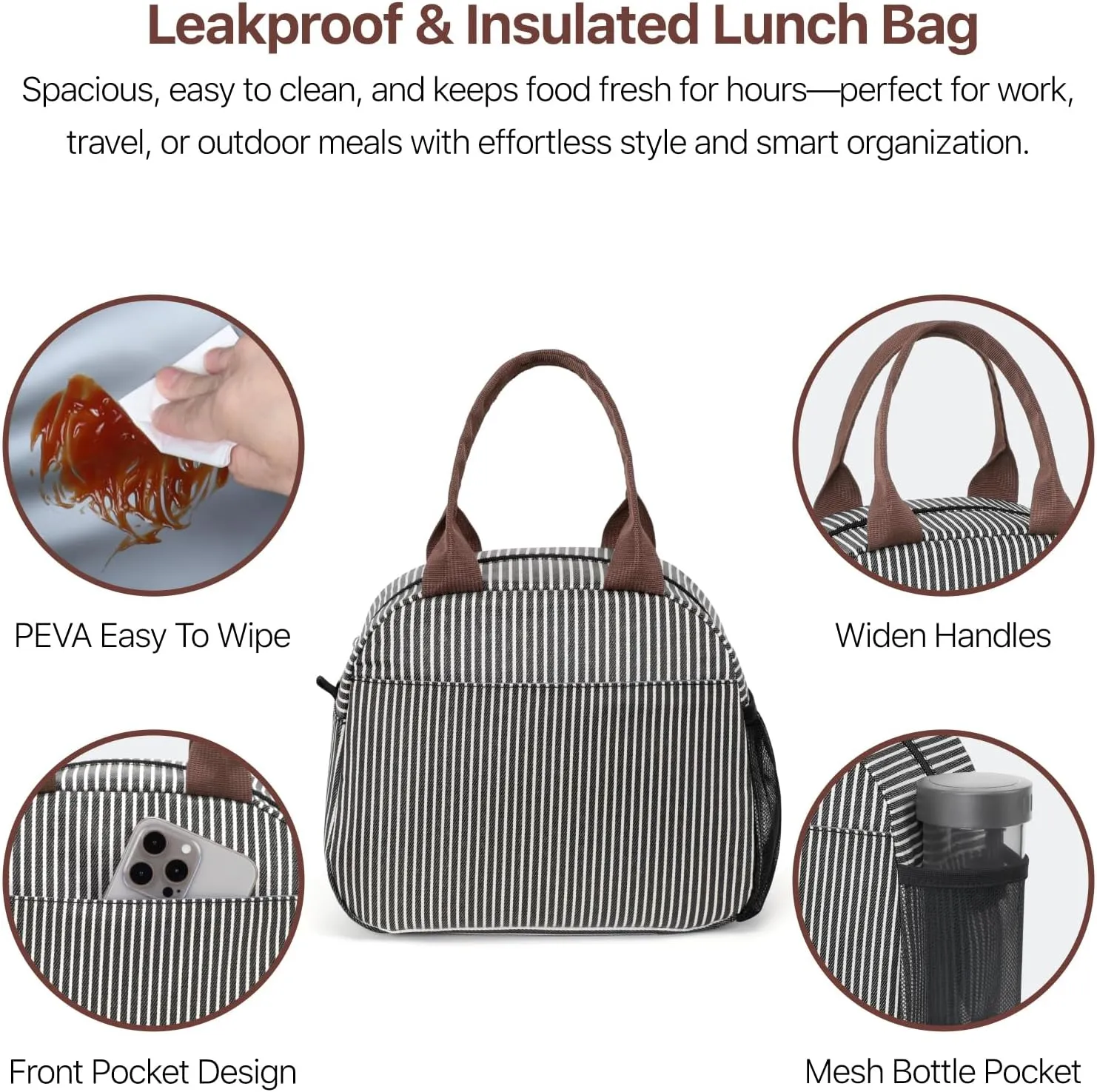Bagseri Insulated Lunch Box Women - Leakproof Thermal Cooler Sack Food Handbags Case High Capacity for Work and Picnic (Black White Stripe)