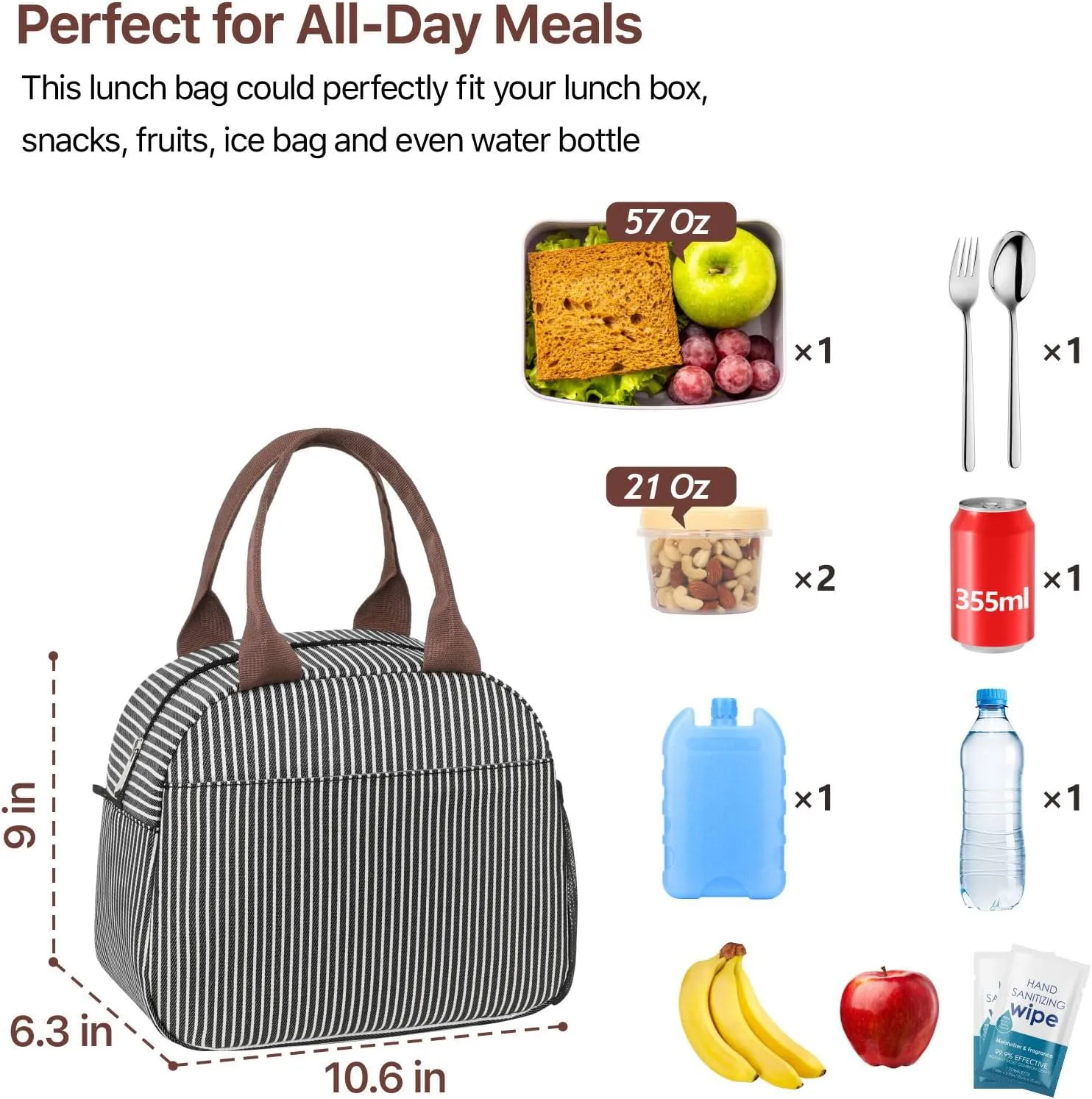 Bagseri Insulated Lunch Box Women - Leakproof Thermal Cooler Sack Food Handbags Case High Capacity for Work and Picnic (Black White Stripe)