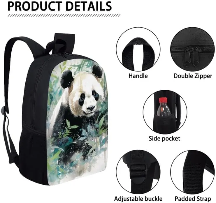 Bamboo Panda Hand Drawing 3 in 1 School Bags Set Backpacks With Cute Panda Bear Art Painting Lunch Bags and Pencil Case for Teens Students Boys Girls