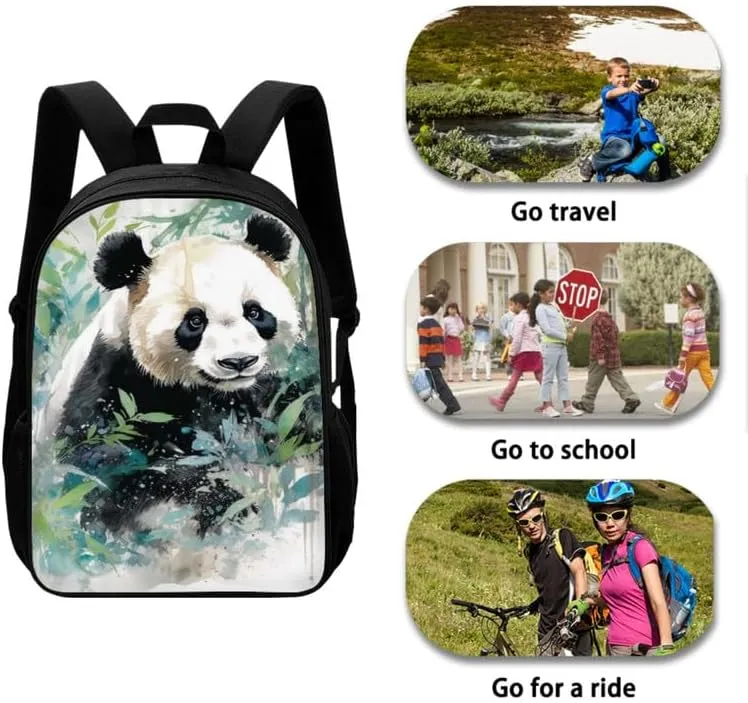 Bamboo Panda Hand Drawing 3 in 1 School Bags Set Backpacks With Cute Panda Bear Art Painting Lunch Bags and Pencil Case for Teens Students Boys Girls