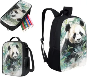 Bamboo Panda Hand Drawing 3 in 1 School Bags Set Backpacks With Cute Panda Bear Art Painting Lunch Bags and Pencil Case for Teens Students Boys Girls