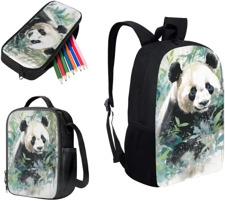 Bamboo Panda Hand Drawing 3 in 1 School Bags Set Backpacks With Cute Panda Bear Art Painting Lunch Bags and Pencil Case for Teens Students Boys Girls