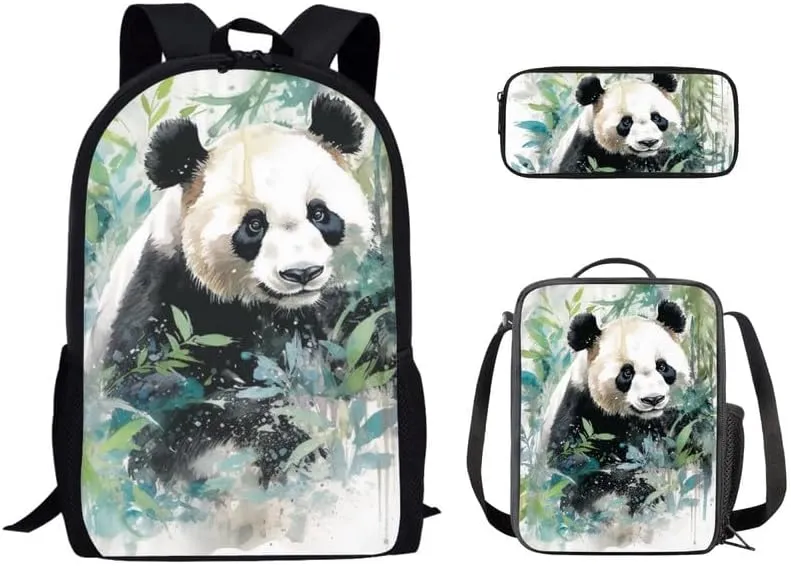 Bamboo Panda Hand Drawing 3 in 1 School Bags Set Backpacks With Cute Panda Bear Art Painting Lunch Bags and Pencil Case for Teens Students Boys Girls