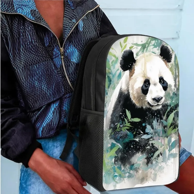 Bamboo Panda Hand Drawing 3 in 1 School Bags Set Backpacks With Cute Panda Bear Art Painting Lunch Bags and Pencil Case for Teens Students Boys Girls