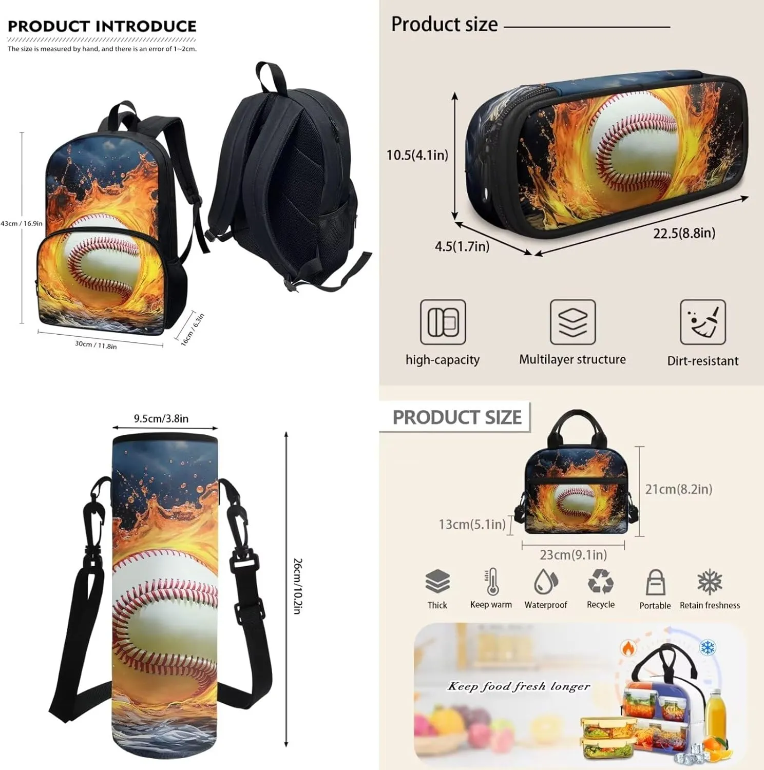 Baseball Fire Water Blue Travel School Bag Set of 4, 17 Inch Laptop Bookbag School Bag Daypack Insulated Lunch Bag Shoulder Crossbody Handbags Pen Carrying Case for Little Girls Boys