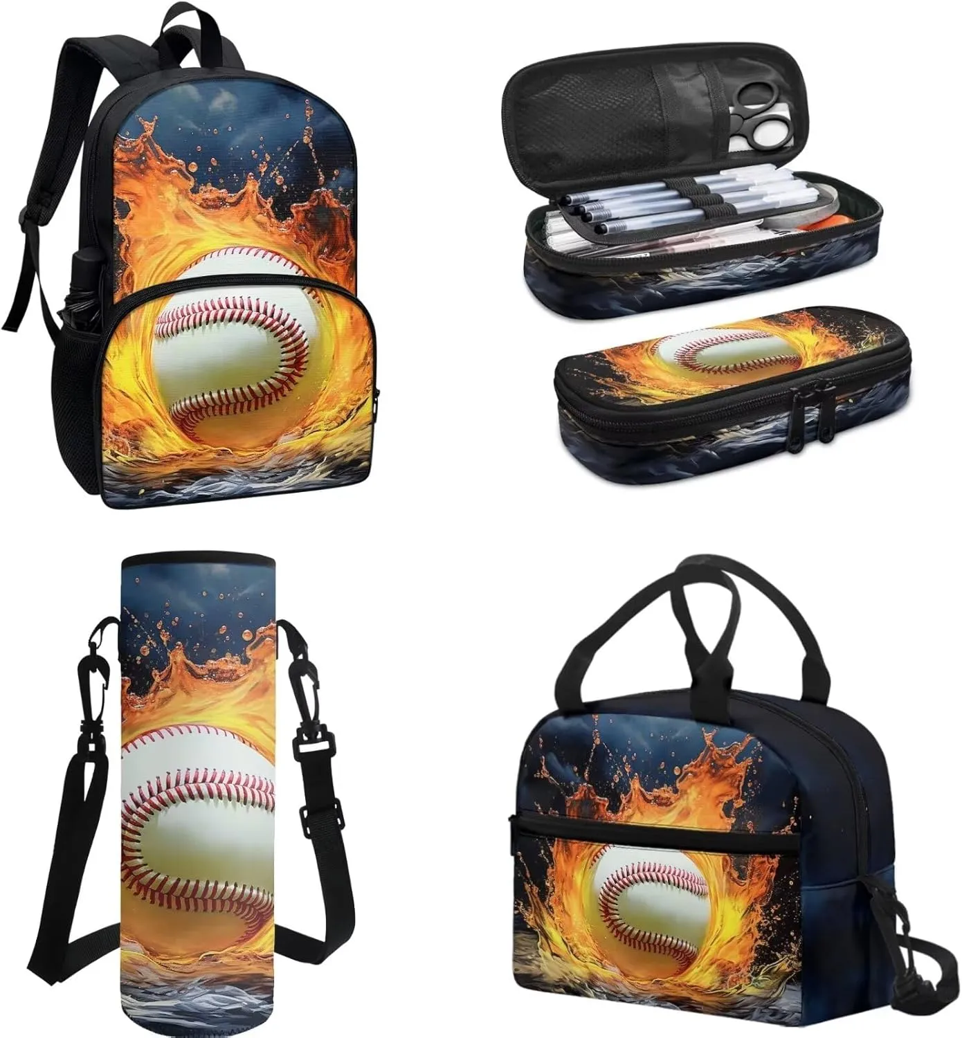 Baseball Fire Water Blue Travel School Bag Set of 4, 17 Inch Laptop Bookbag School Bag Daypack Insulated Lunch Bag Shoulder Crossbody Handbags Pen Carrying Case for Little Girls Boys