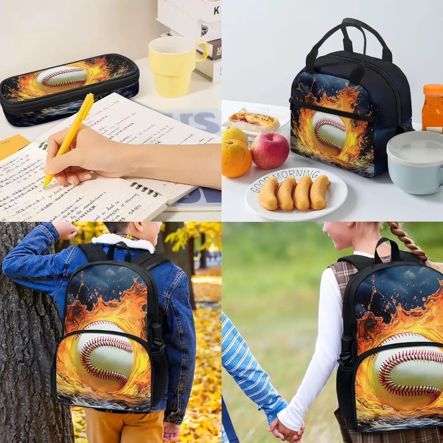 Baseball Fire Water Blue Travel School Bag Set of 4, 17 Inch Laptop Bookbag School Bag Daypack Insulated Lunch Bag Shoulder Crossbody Handbags Pen Carrying Case for Little Girls Boys