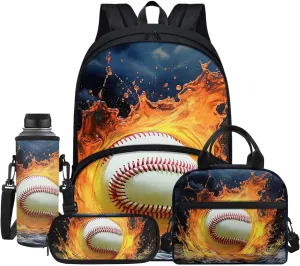 Baseball Fire Water Blue Travel School Bag Set of 4, 17 Inch Laptop Bookbag School Bag Daypack Insulated Lunch Bag Shoulder Crossbody Handbags Pen Carrying Case for Little Girls Boys