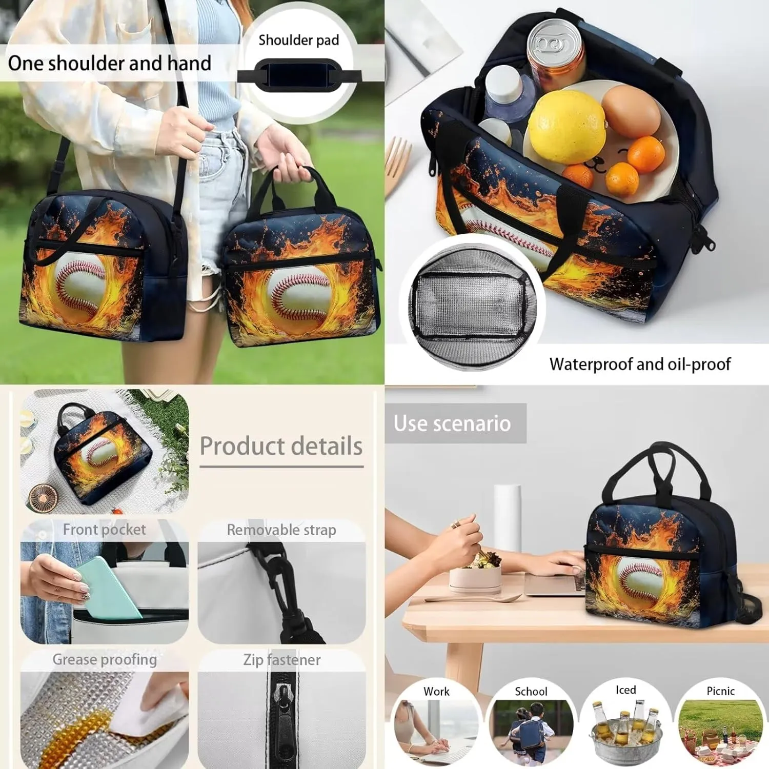 Baseball Fire Water Blue Travel School Bag Set of 4, 17 Inch Laptop Bookbag School Bag Daypack Insulated Lunch Bag Shoulder Crossbody Handbags Pen Carrying Case for Little Girls Boys