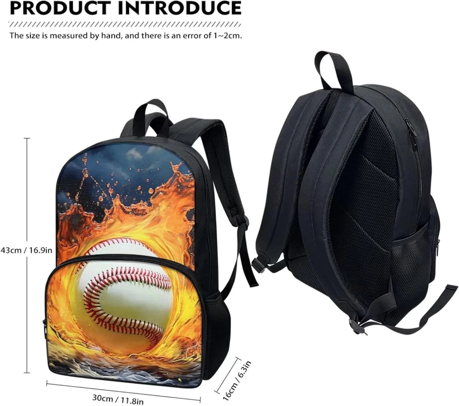 Baseball Fire Water Blue Travel School Bag Set of 4, 17 Inch Laptop Bookbag School Bag Daypack Insulated Lunch Bag Shoulder Crossbody Handbags Pen Carrying Case for Little Girls Boys