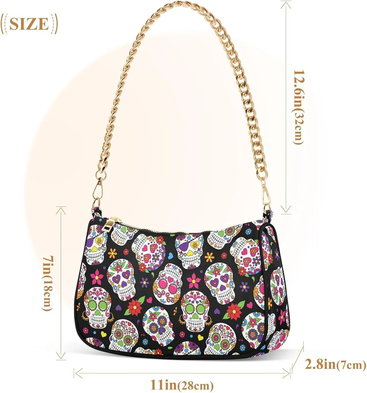 Bat Halloween Women's Chain Shoulder Bag, Metal Chain Strap Zip Purse for Women