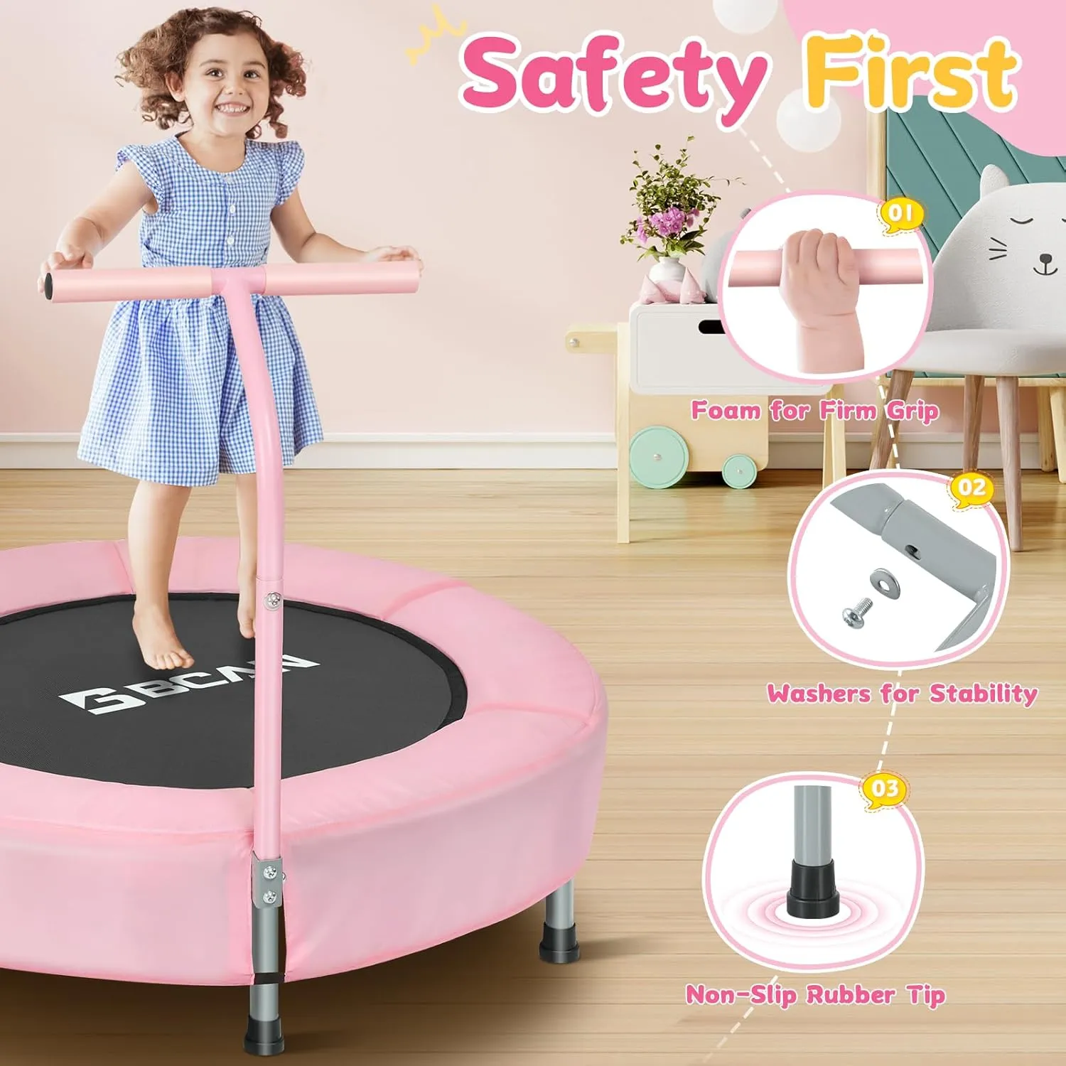 BCAN 36'' Mini Folding Ages 2 to 5 Toddler Trampoline with Handle for Kids, Two Ways to Assemble The Handle, Indoor/Garden Toddlers Trampoline with Super Safe Cover for Toddlers