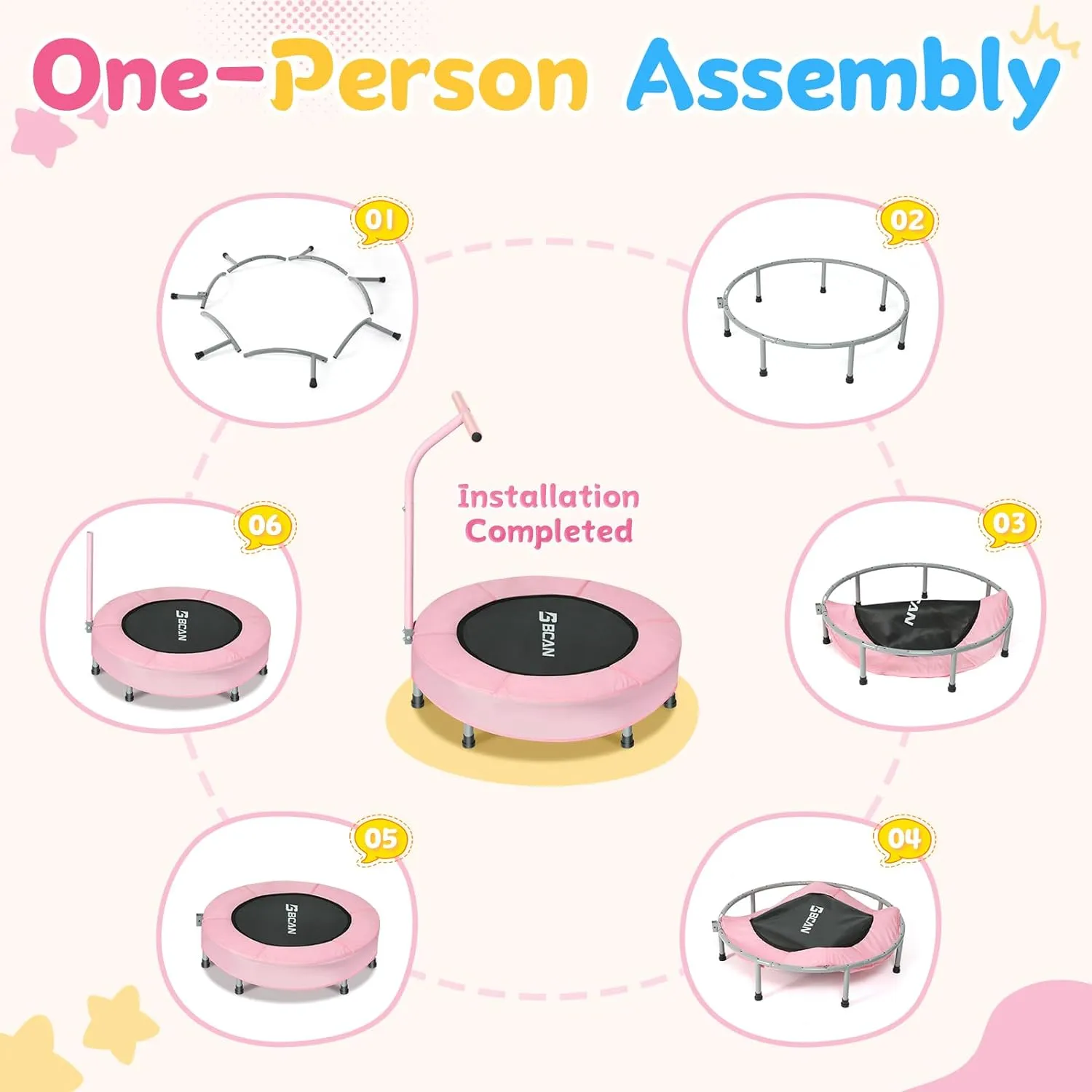 BCAN 36'' Mini Folding Ages 2 to 5 Toddler Trampoline with Handle for Kids, Two Ways to Assemble The Handle, Indoor/Garden Toddlers Trampoline with Super Safe Cover for Toddlers