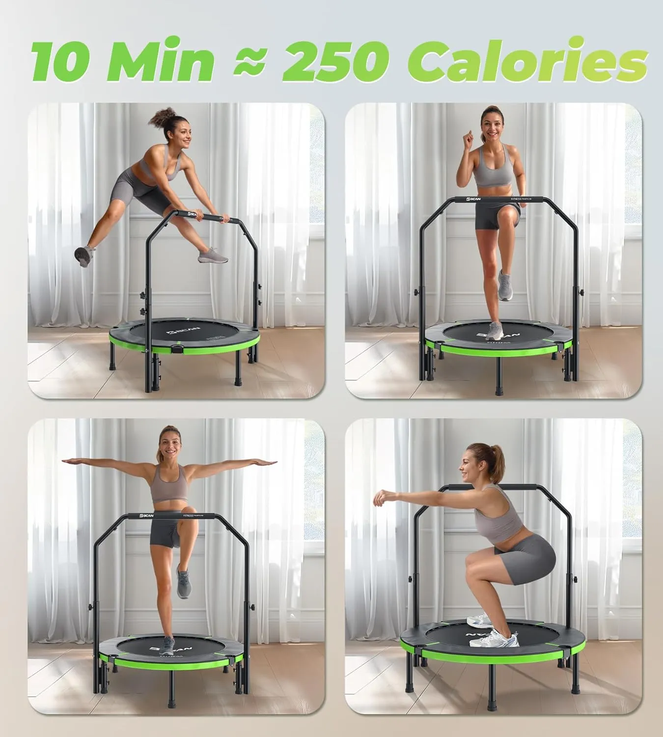 BCAN 40"/48" Foldable Mini Trampoline, Rebounder Trampoline for Adults, Adjustable Foam Handle, Exercise Rebounder for Adults Indoor/Garden Workout, Max Load 330lbs/440lbs