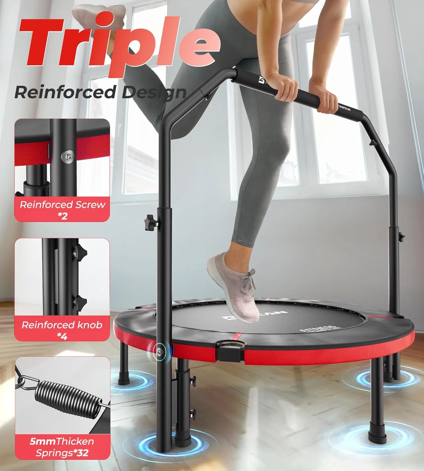 BCAN 40"/48" Foldable Mini Trampoline, Rebounder Trampoline for Adults, Adjustable Foam Handle, Exercise Rebounder for Adults Indoor/Garden Workout, Max Load 330lbs/440lbs