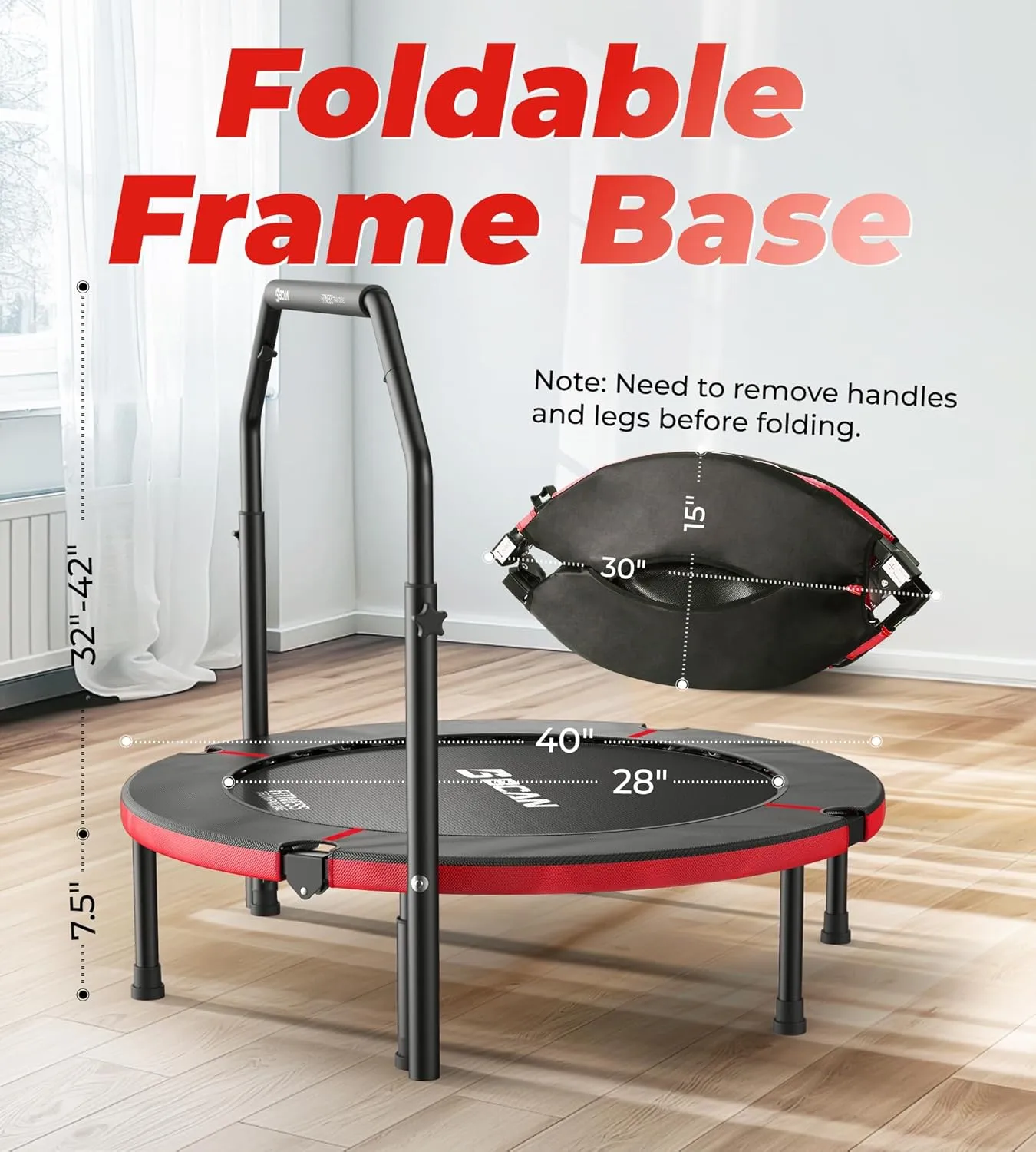 BCAN 40"/48" Foldable Mini Trampoline, Rebounder Trampoline for Adults, Adjustable Foam Handle, Exercise Rebounder for Adults Indoor/Garden Workout, Max Load 330lbs/440lbs
