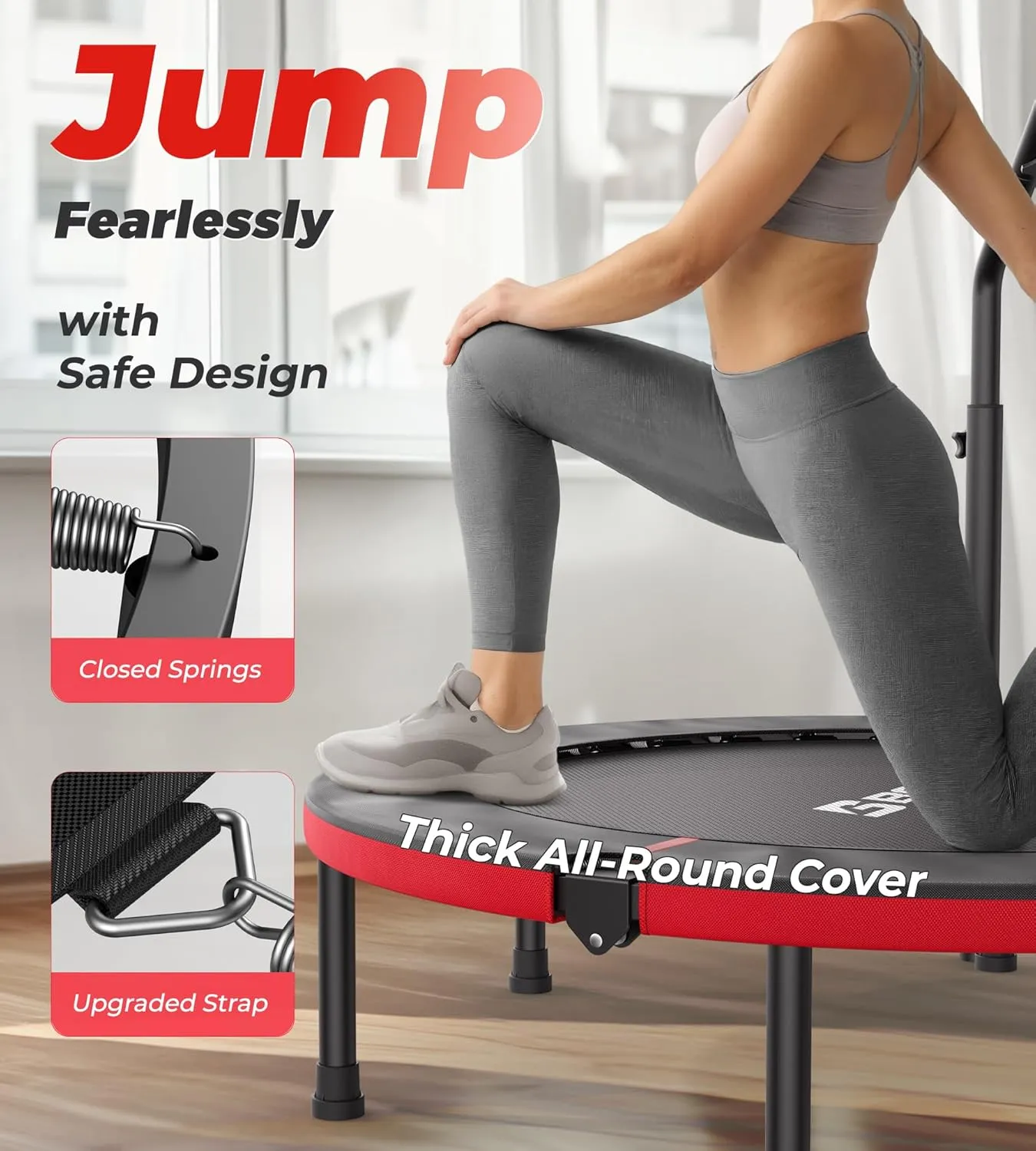BCAN 40"/48" Foldable Mini Trampoline, Rebounder Trampoline for Adults, Adjustable Foam Handle, Exercise Rebounder for Adults Indoor/Garden Workout, Max Load 330lbs/440lbs