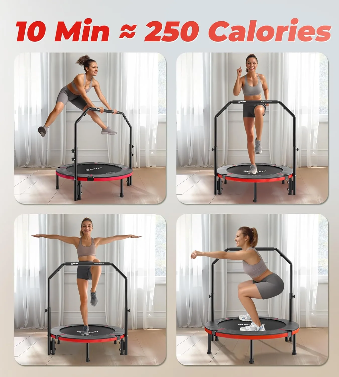 BCAN 40"/48" Foldable Mini Trampoline, Rebounder Trampoline for Adults, Adjustable Foam Handle, Exercise Rebounder for Adults Indoor/Garden Workout, Max Load 330lbs/440lbs