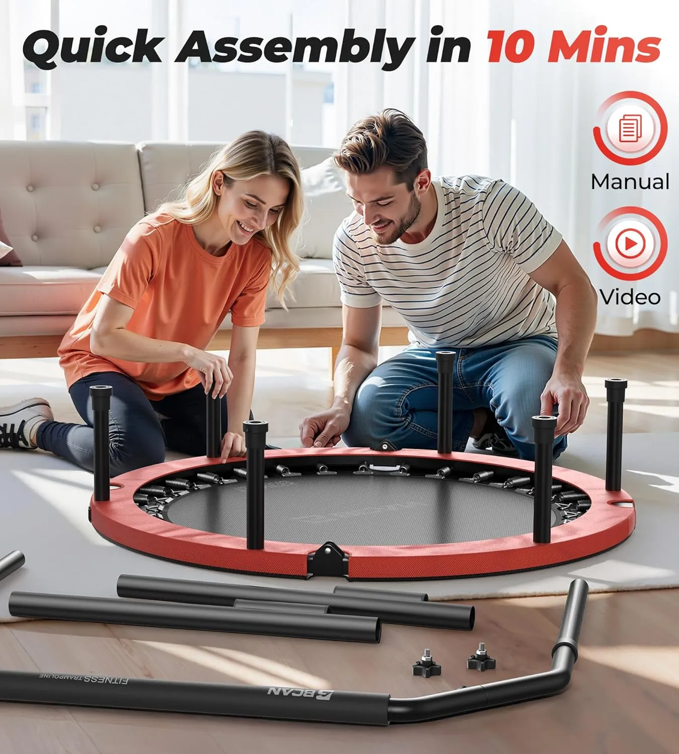 BCAN 40"/48" Foldable Mini Trampoline, Rebounder Trampoline for Adults, Adjustable Foam Handle, Exercise Rebounder for Adults Indoor/Garden Workout, Max Load 330lbs/440lbs