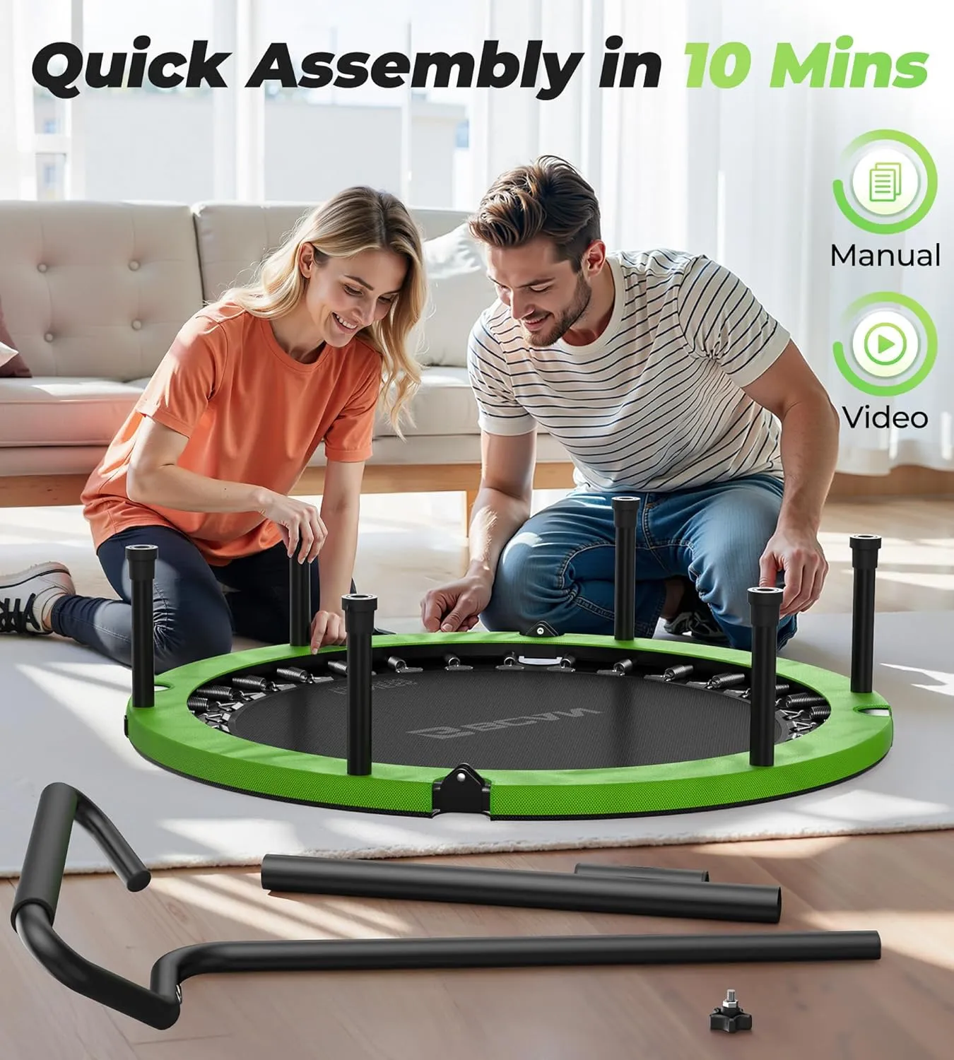 BCAN 40"/48" Foldable Mini Trampoline, Rebounder Trampoline for Adults, U/T Shape Adjustable Foam Handle, Exercise Rebounder for Kids Adults Indoor/Garden Workout, Max Load 330lbs/440lbs